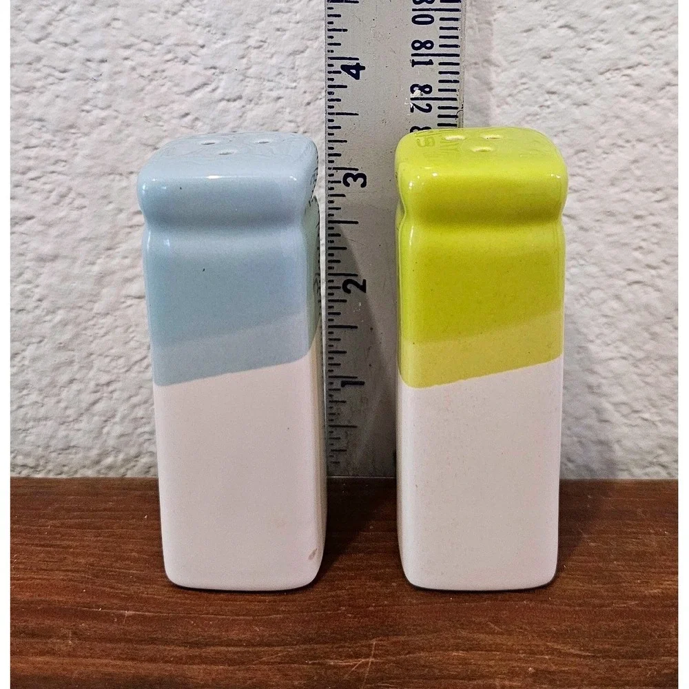 Contemporary Blue and Green Pillar Ceramic Salt and Pepper Shakers Set